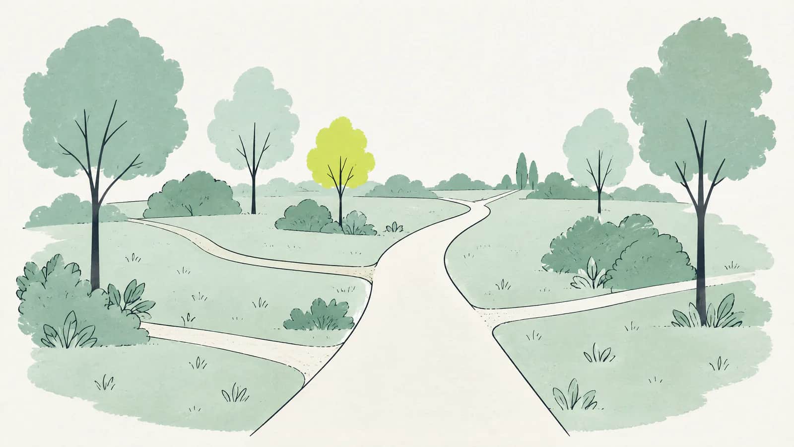 Illustration: mehrere schmale Pfade laufen in einem Park zu einem gemeinsamen, geführten Weg zusammen