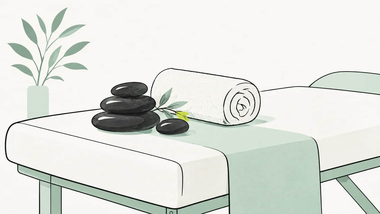 Illustration: Warme dunkle Steine und ein gerolltes Handtuch auf einer Behandlungsliege