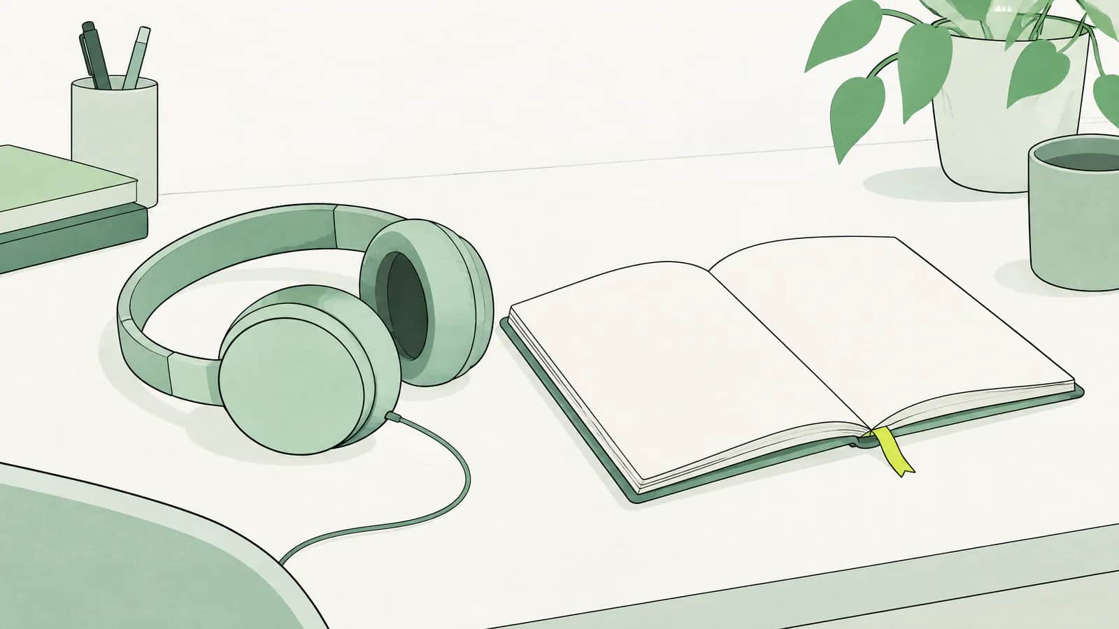 Illustration: Ein Headset liegt neben einem aufgeschlagenen Notizbuch auf einem ruhigen Schreibtisch
