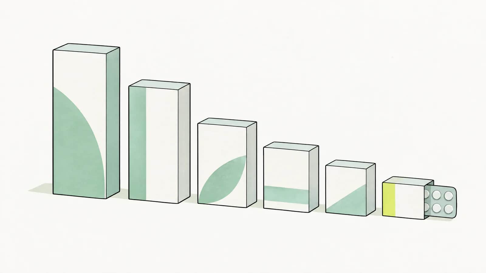 Illustration: Medikamentenschachteln in absteigender Reihe aufgestellt wie ein Balkendiagramm