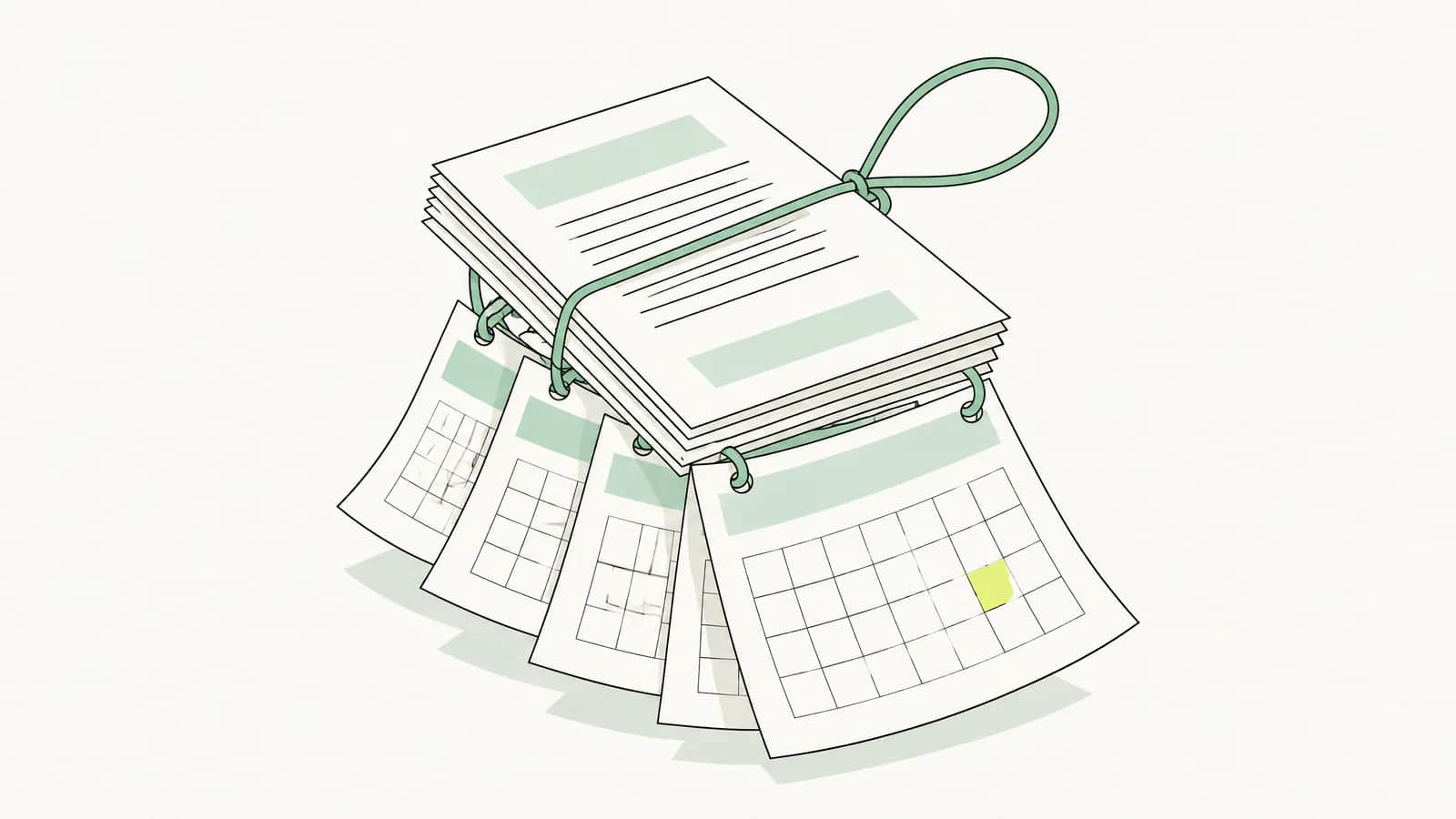 Illustration: Vertragsdokument mit einer Schnur, die sich über mehrere Kalenderblätter spannt