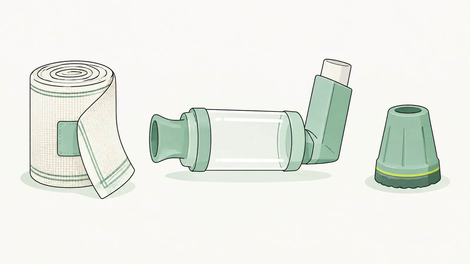 Illustration: Verbandrolle, Inhalierhilfe und Krückenkappe ordentlich in einem Raster angeordnet