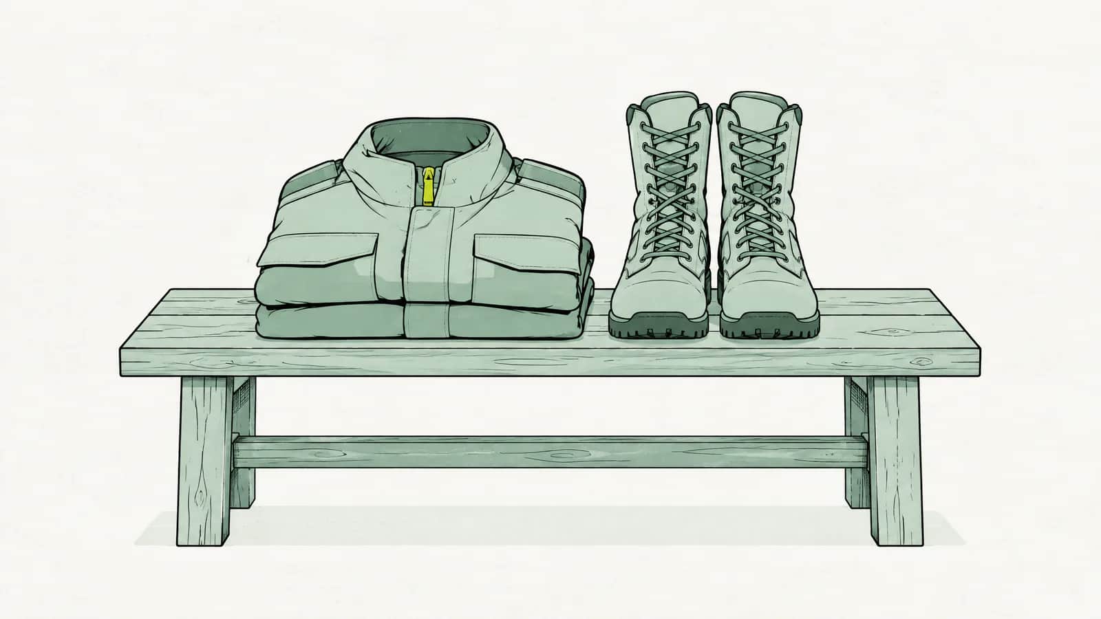 Illustration: Eine gefaltete Uniformjacke und ein Paar Stiefel liegen ordentlich auf einer Holzbank