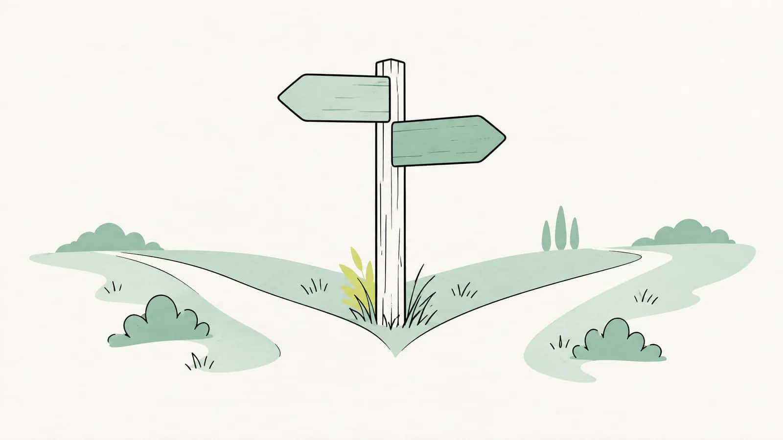 Illustration: Wegweiser mit zwei Pfeilen, die auf zwei unterschiedliche Pfade zeigen