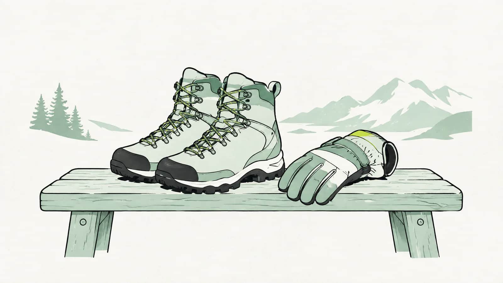 Illustration: Wanderschuhe und ein Skihandschuh auf einer Holzbank als Zeichen für Freizeitaktivitäten