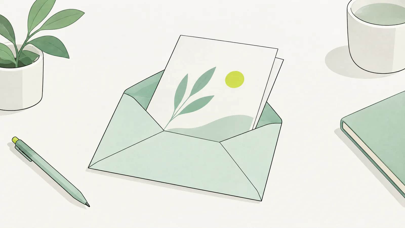 Illustration: ein gefaltetes Angebotsblatt in einem offenen Umschlag auf einem aufgeräumten Schreibtisch