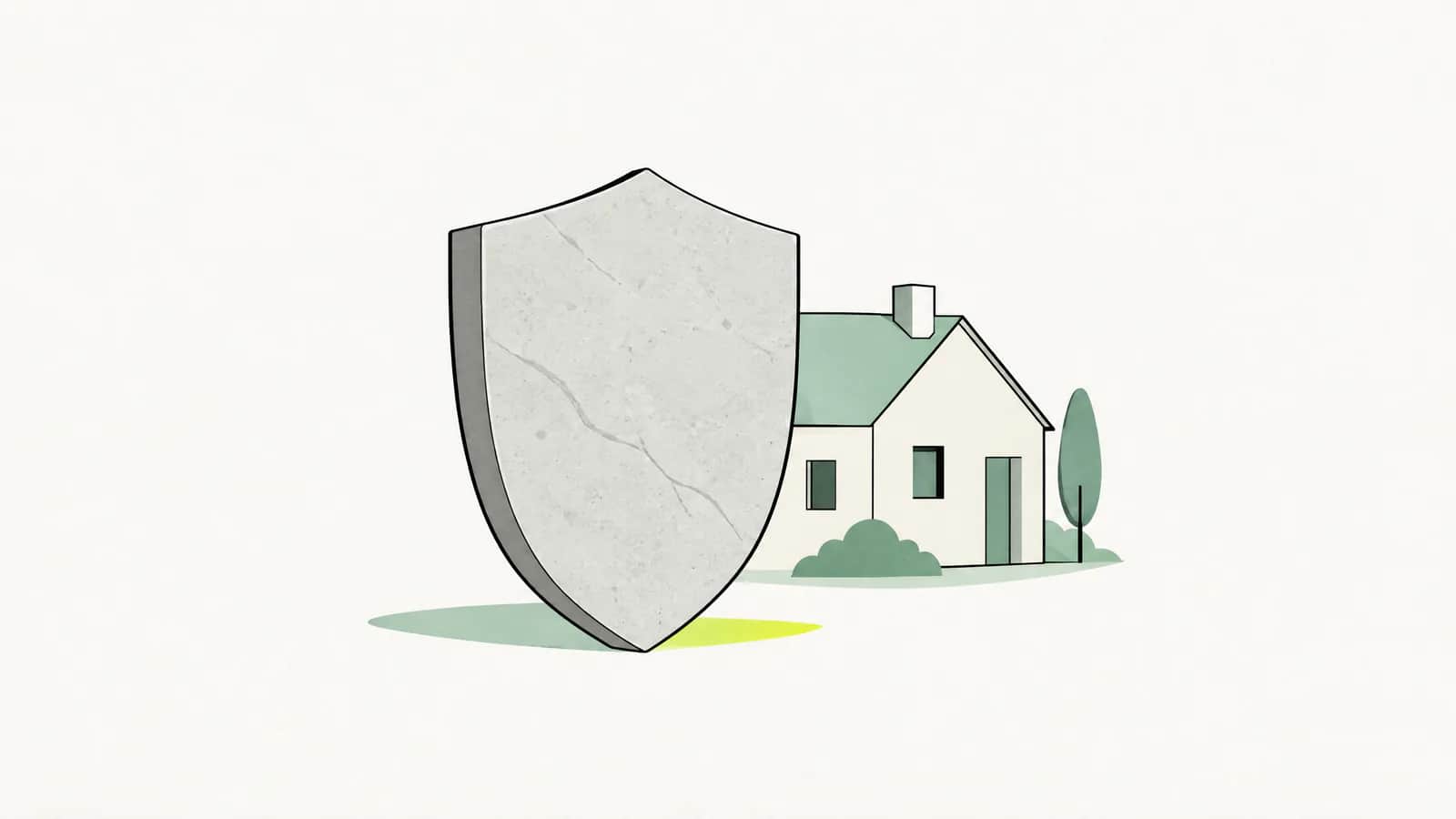 Illustration: Schildförmige Steinplatte, hinter der ein kleines Hausmodell geschützt steht