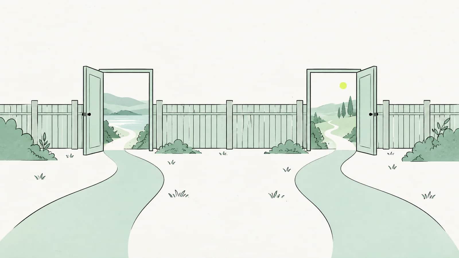 Illustration: zwei offene Tore in einem Grenzzaun, zu jedem führt ein eigener Weg