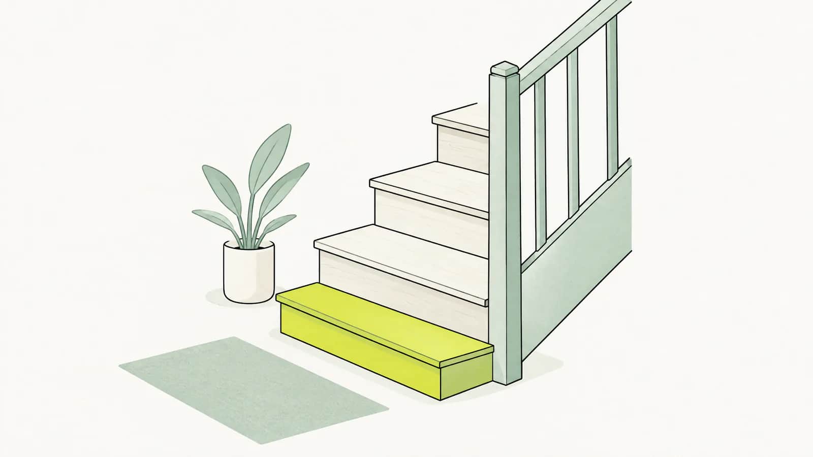 Illustration: unterste Stufe einer kleinen Holztreppe, hervorgehoben, die oberen Stufen blass