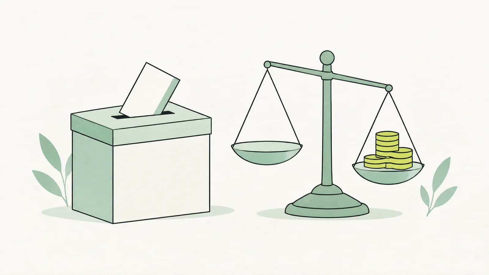 Illustration: Eine Urne für Stimmzettel steht neben einer Waage mit Münzen auf einer Schale