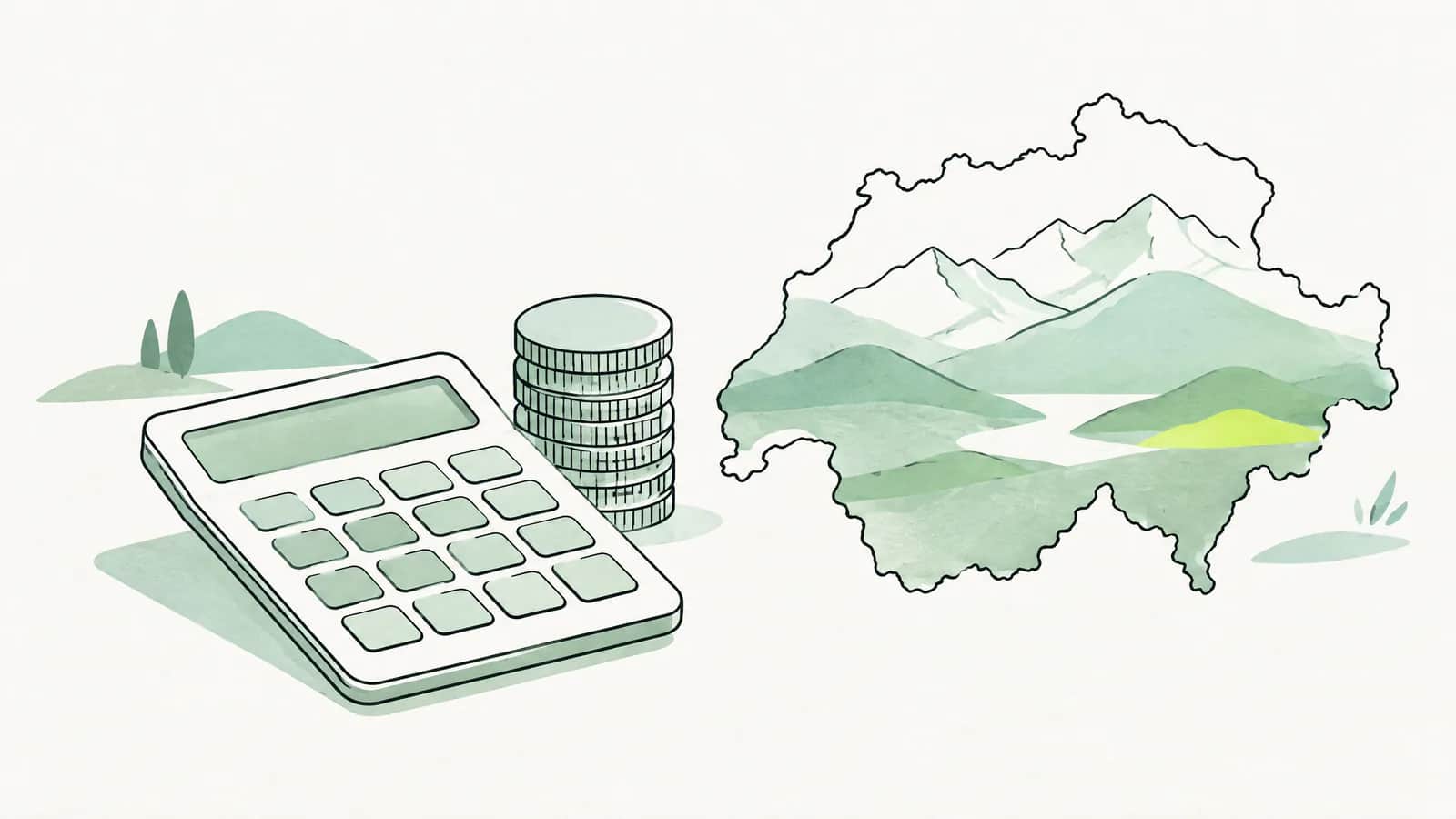 Illustration: Taschenrechner mit leeren Tasten neben einem Münzstapel und den Umrissen einer Hügellandschaft
