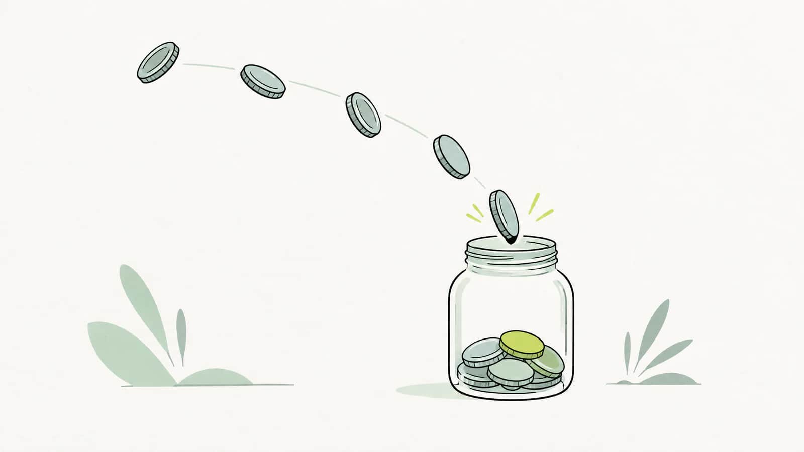 Illustration: Münzen rollen auf einer sanft geschwungenen Bahn zurück in ein kleines Glas