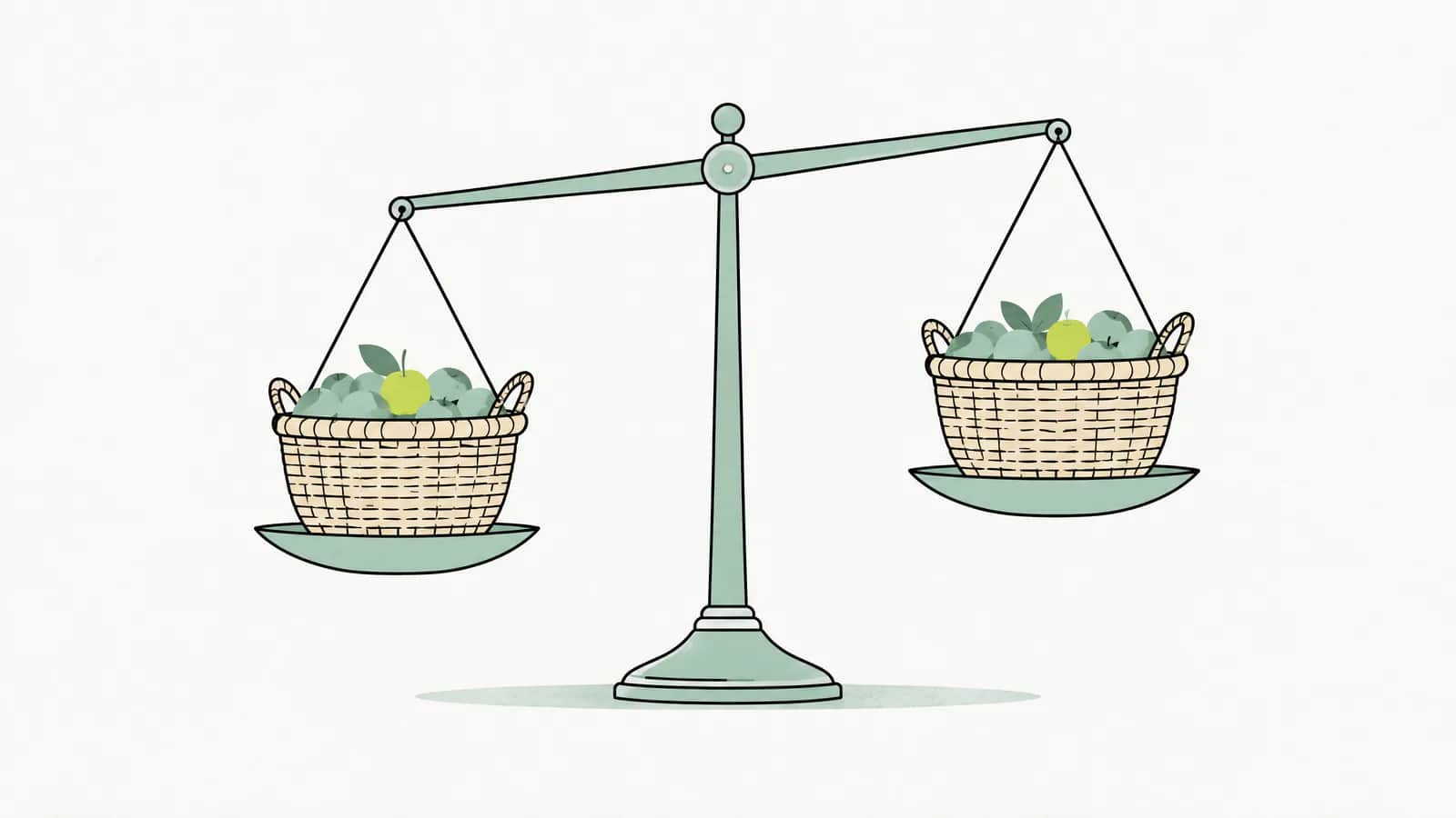 Illustration: Zwei gleiche Körbe auf einer Balkenwaage, einer hängt etwas höher als der andere