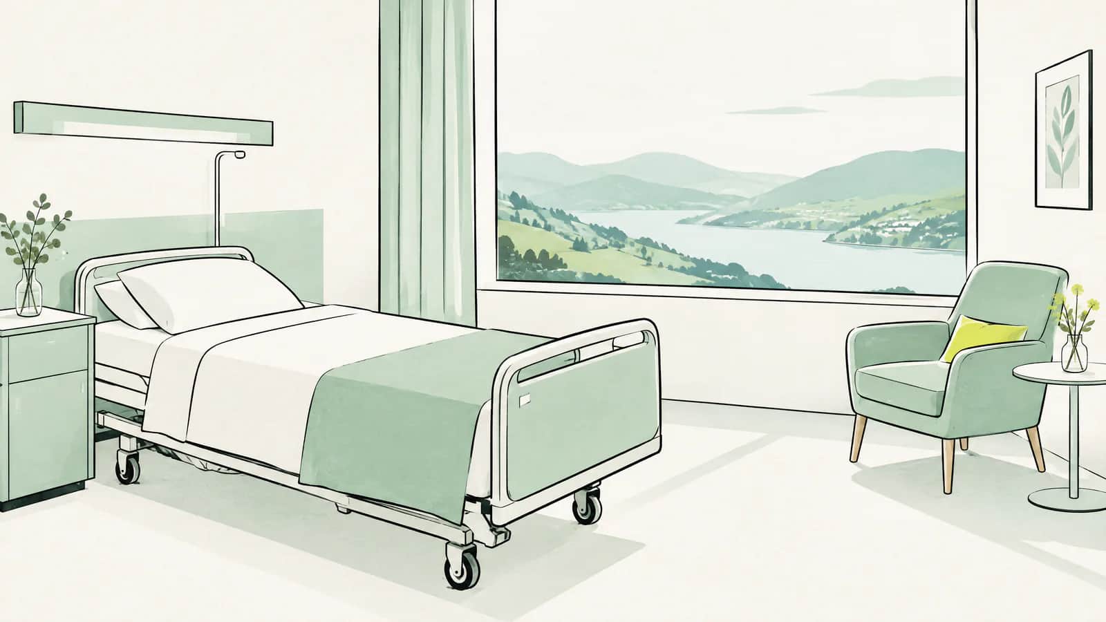 Illustration: Spitalzimmer mit einem einzelnen Bett, Sessel und Blick auf Hügel