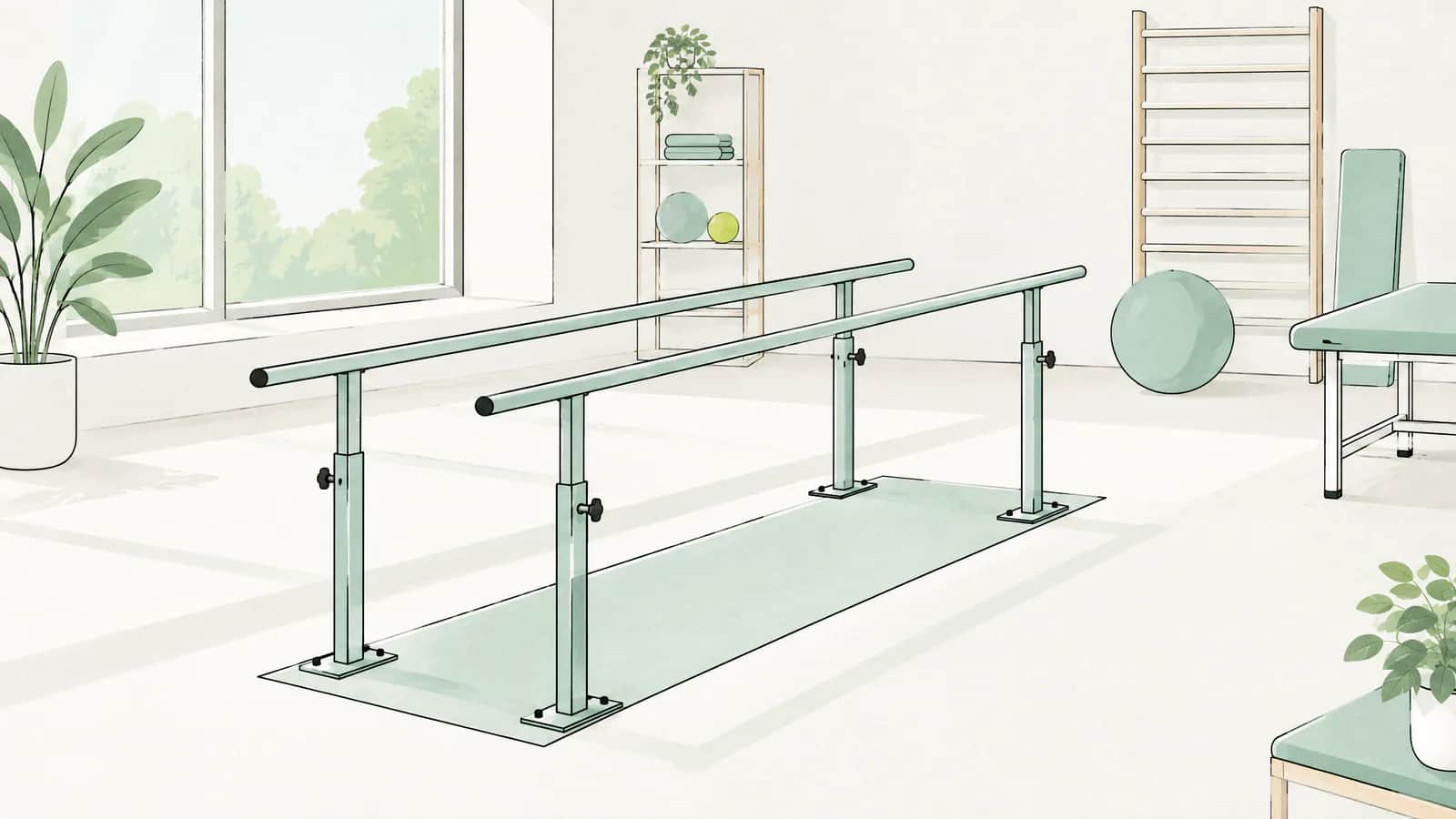 Illustration: parallele Gehbarren in einem hellen, leeren Therapieraum mit grossen Fenstern