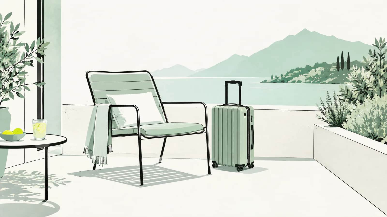 Illustration: Ein Gartenstuhl auf einer sonnigen Terrasse, daneben ein gepackter Koffer