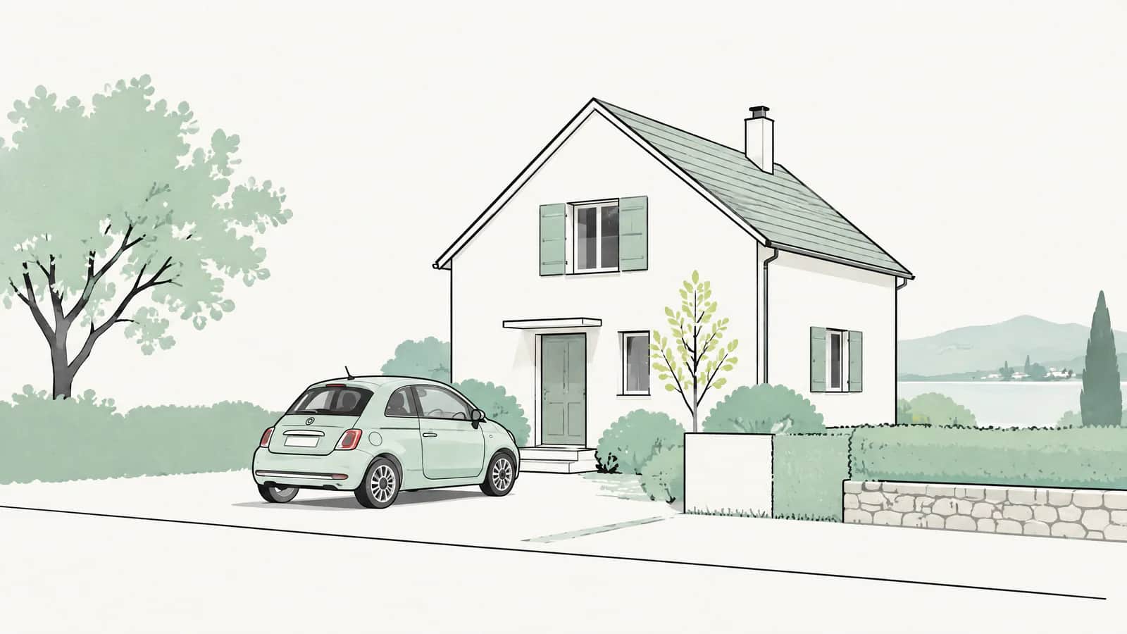 Illustration: kleines Auto wartet am frühen Morgen vor einem ruhigen Wohnhaus