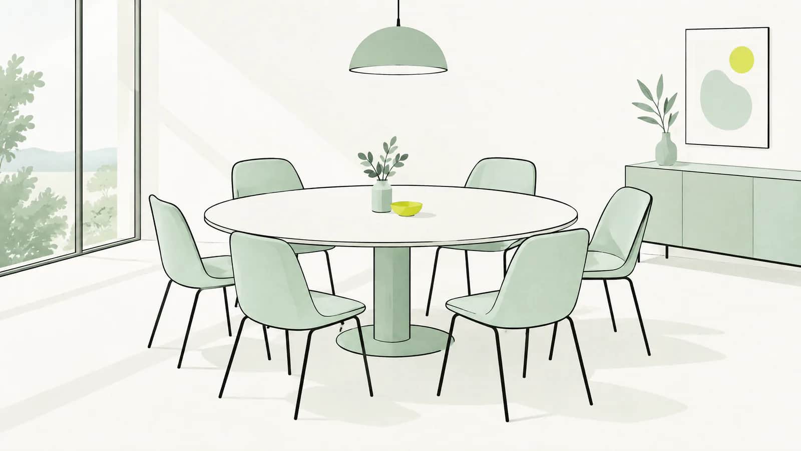 Illustration: runder Besprechungstisch mit leeren Stühlen in einem hellen Raum