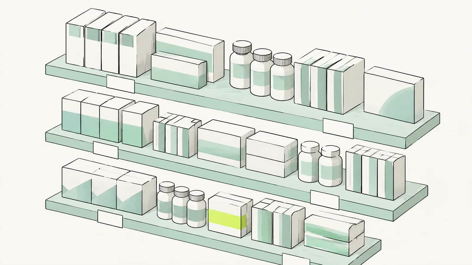 Illustration: ordentlich aufgereihte Medikamentenschachteln in Regalen mit leeren Registerlaschen, isometrisch gesehen