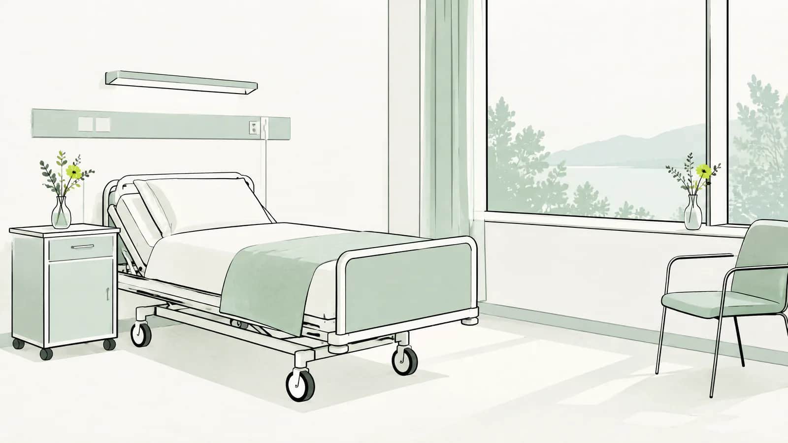 Illustration: Ein aufgeräumtes Spitalzimmer mit einem Bett am Fenster und einer kleinen Vase