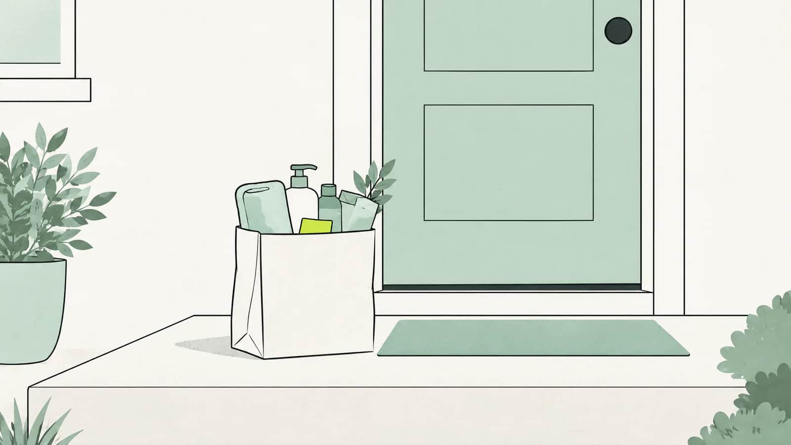 Illustration: kleine Tasche mit Pflegematerial vor der Haustür eines ruhigen Wohnhauses