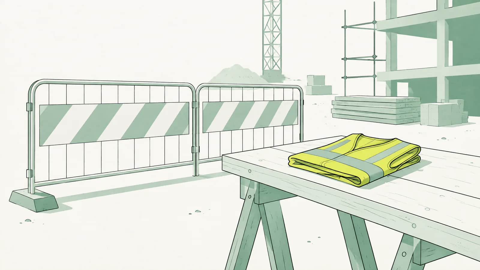 Illustration: Absperrgitter einer Baustelle, daneben eine gefaltete Warnweste auf einer Werkbank
