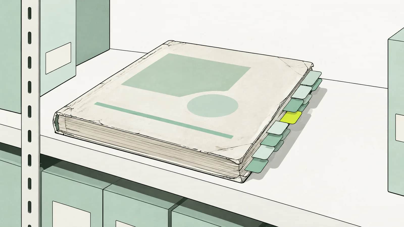Illustration: Alter, abgegriffener Preiskatalog mit vielen Registerlaschen auf einem Archivregal