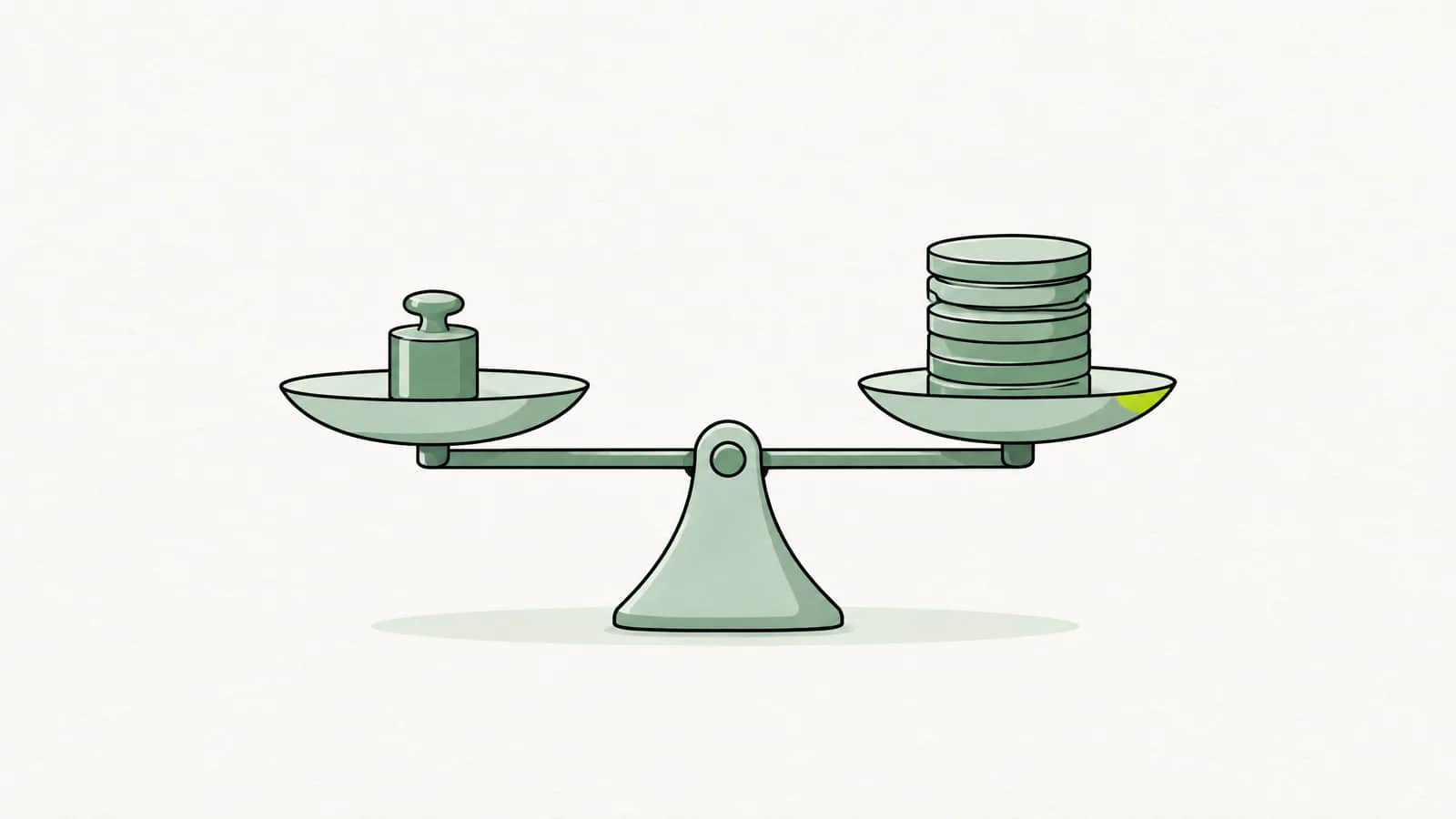 Illustration: kleines Gewicht auf einer Waage, das einen Stapel runder Punktmarken ausgleicht