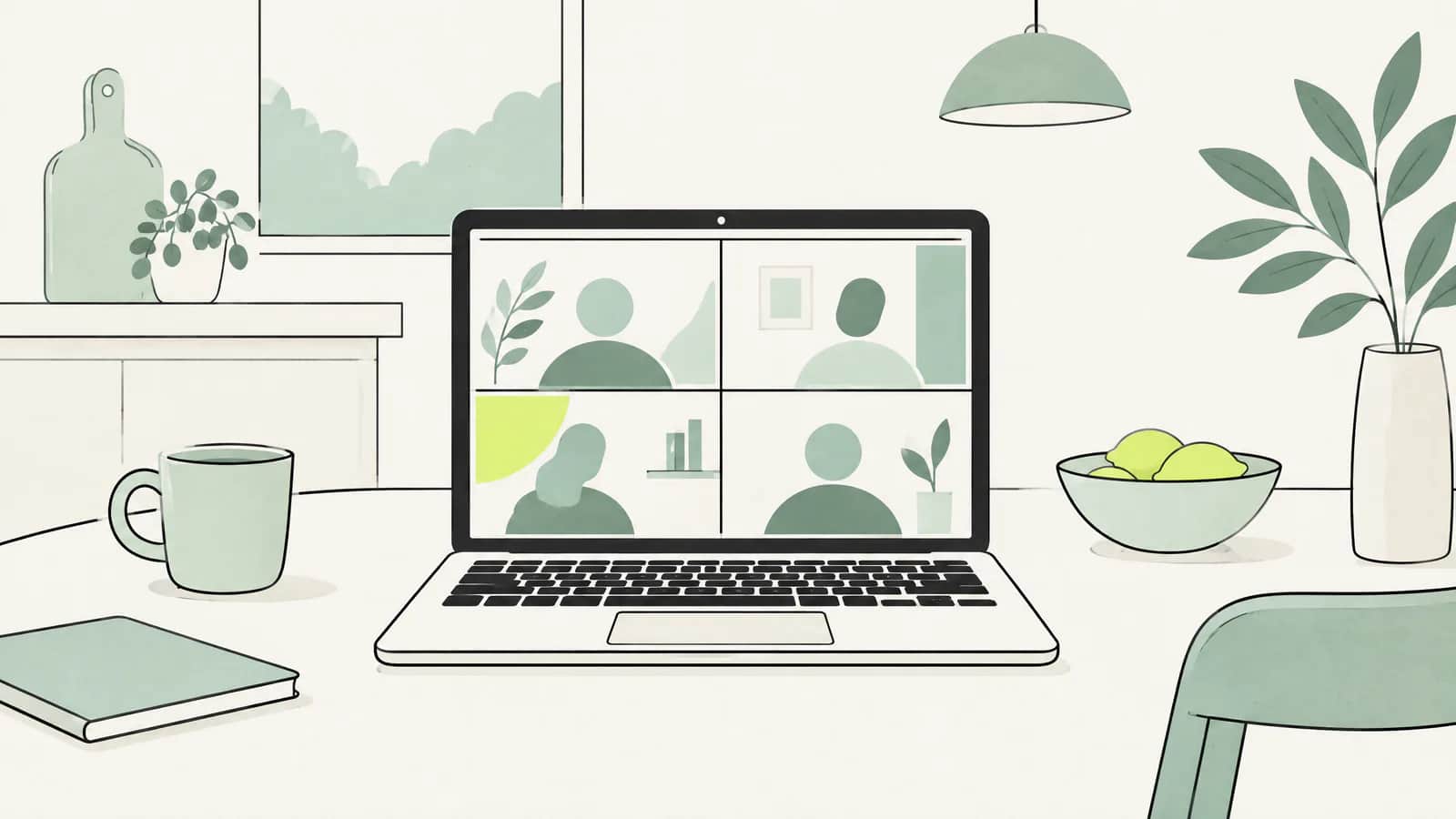 Illustration: Ein Laptop auf einem Küchentisch zeigt einen abstrakten Videoanruf ohne Gesichter