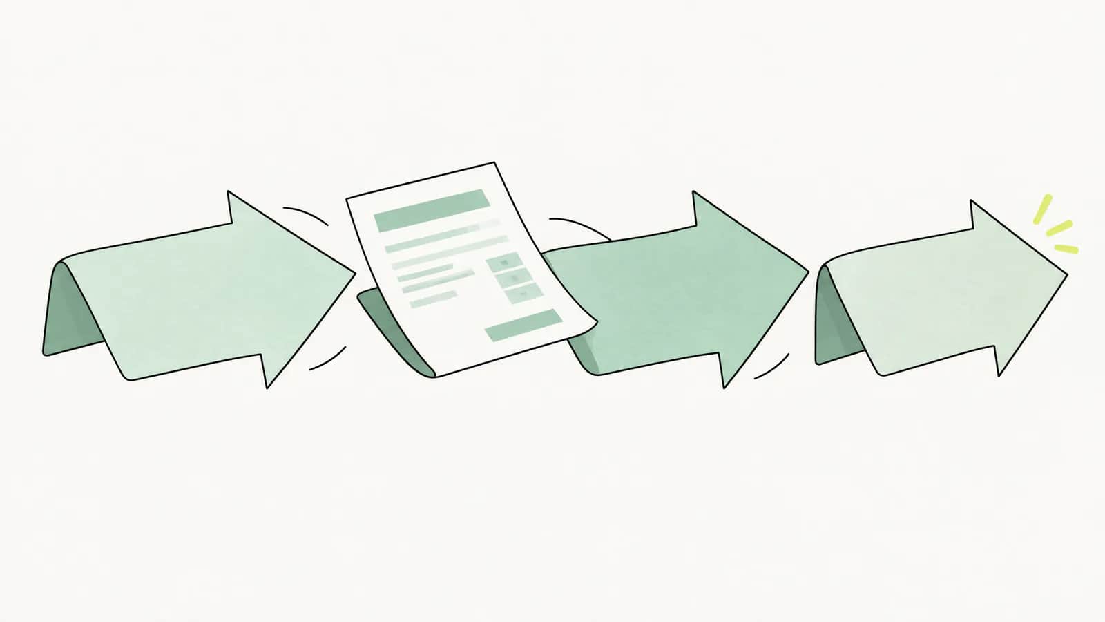 Illustration: Eine Rechnung wird entlang einer kurzen Kette aus drei Papierpfeilen weitergereicht