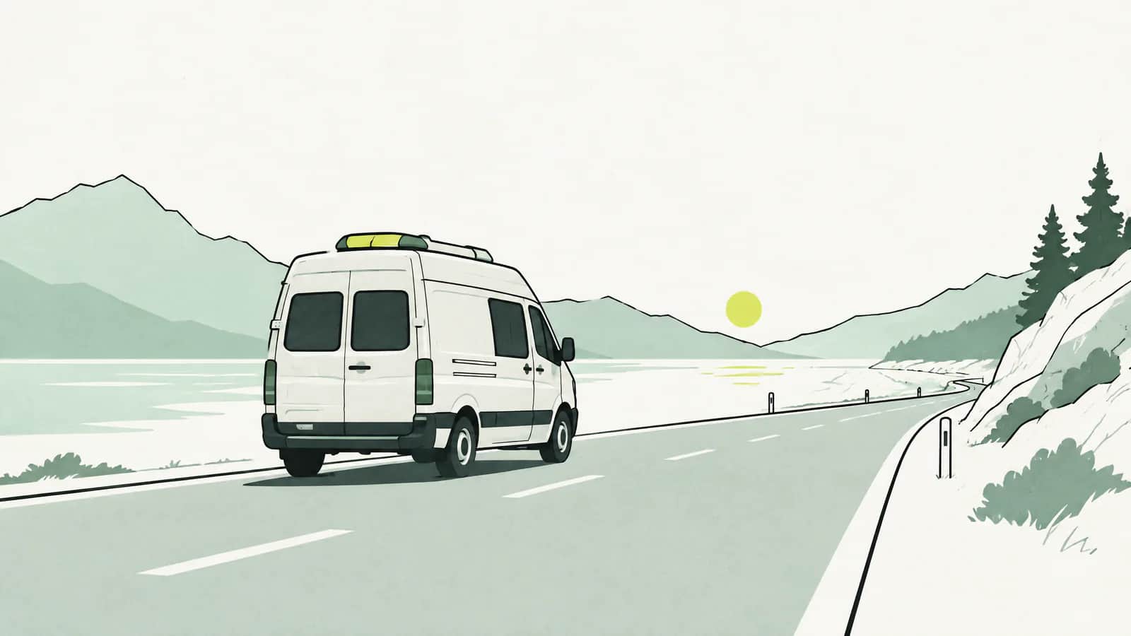 Illustration: Umriss eines Krankenwagens ohne Beschriftung auf einer leeren Strasse in der Abenddämmerung