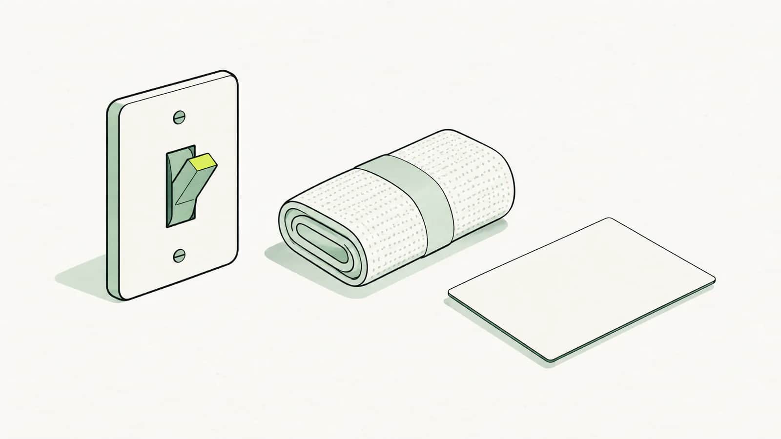 Illustration: Kippschalter neben einem gefalteten Verband und einer Versicherungskarte