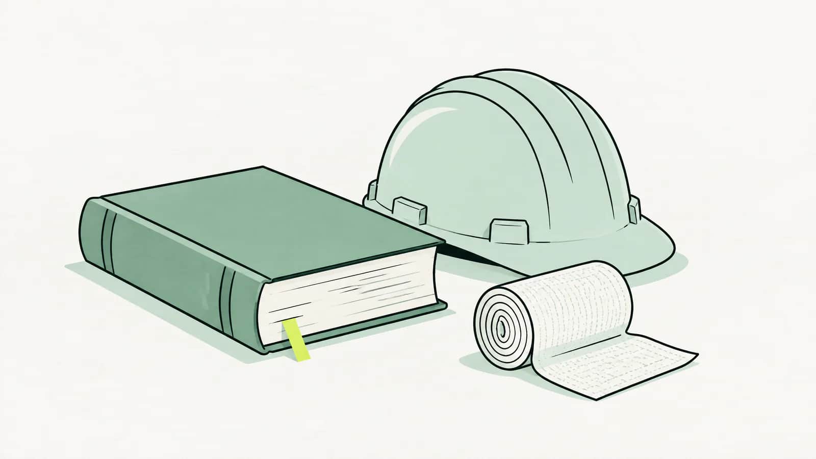 Illustration: Gebundenes Gesetzbuch neben einem Schutzhelm und einer aufgerollten Binde
