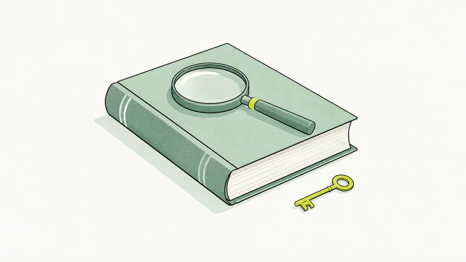 Illustration: geschlossenes Gesetzbuch mit einer Lupe und einem kleinen Schlüssel daneben