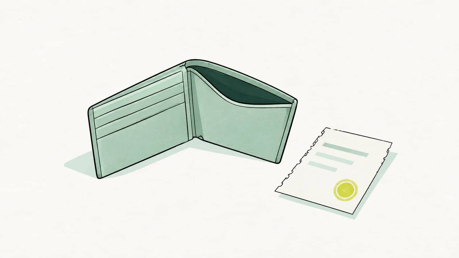 Illustration: leeres, aufgeklapptes Portemonnaie neben einem abgestempelten Papierzettel