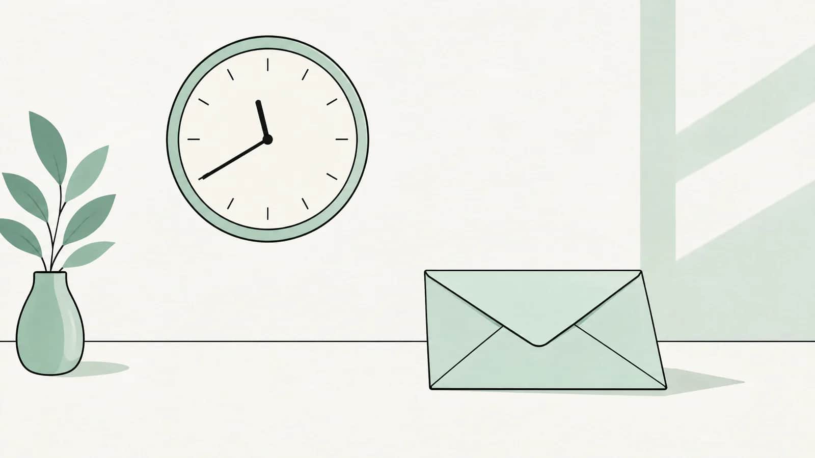 Illustration: Wanduhr mit später Stunde neben einem ungeöffneten Briefumschlag auf dem Tisch