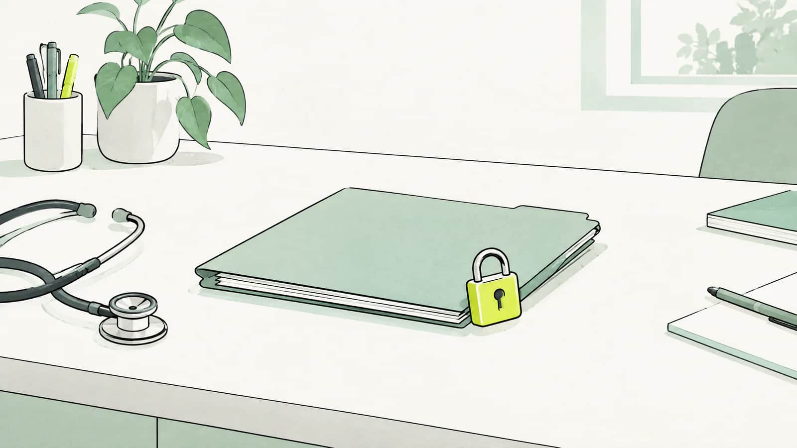 Illustration: Geschlossener Aktenordner mit kleinem Vorhängeschloss auf einem Arztschreibtisch