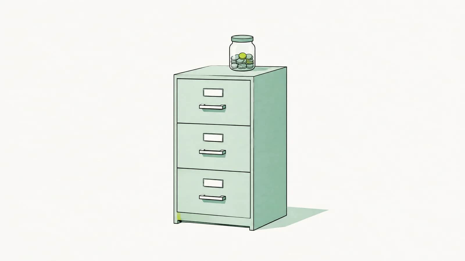 Illustration: Aktenschrank mit einem kleinen Glas voller Münzen obenauf