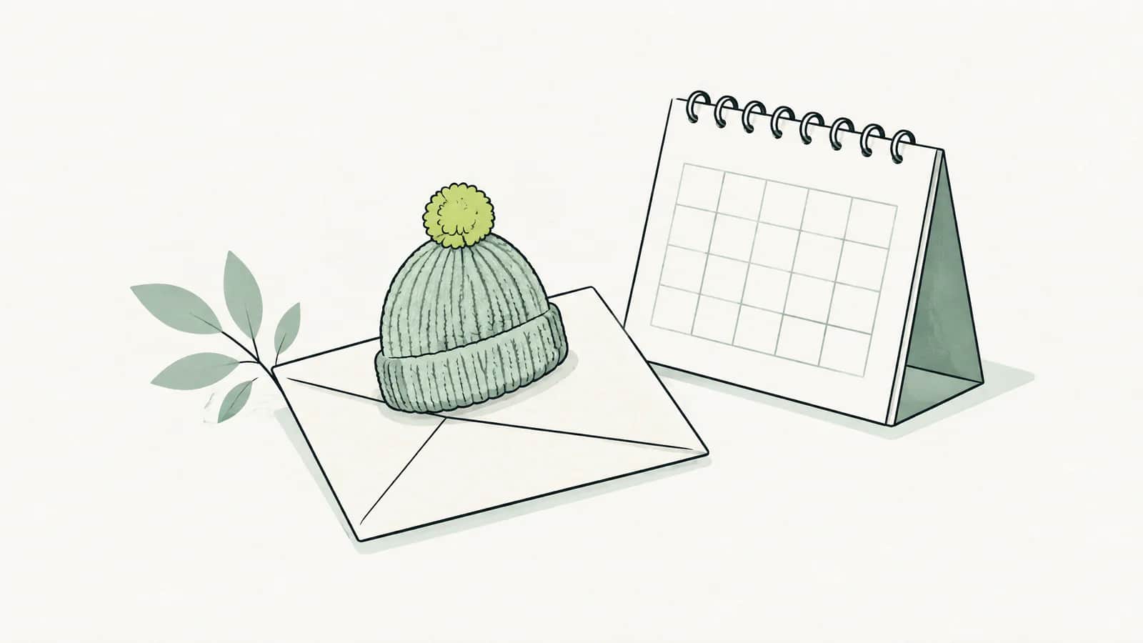 Illustration: kleine gestrickte Mütze auf einem verschlossenen Briefumschlag neben einem Kalender