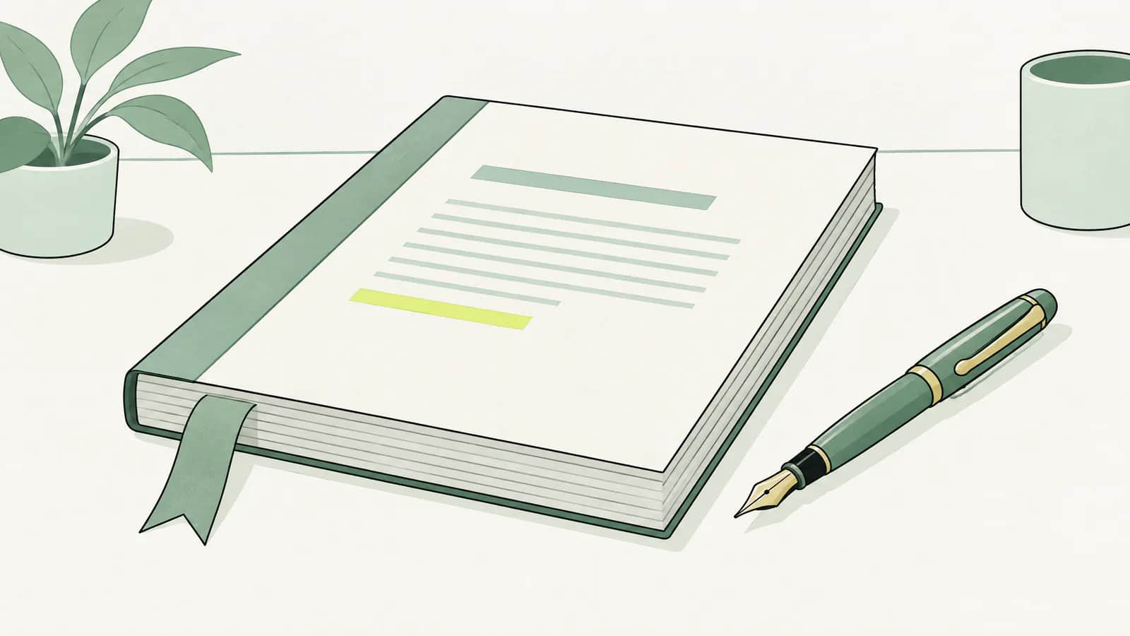 Illustration: gebundenes Vertragsdokument mit Lesebändchen auf einem Schreibtisch, daneben ein Füllfederhalter
