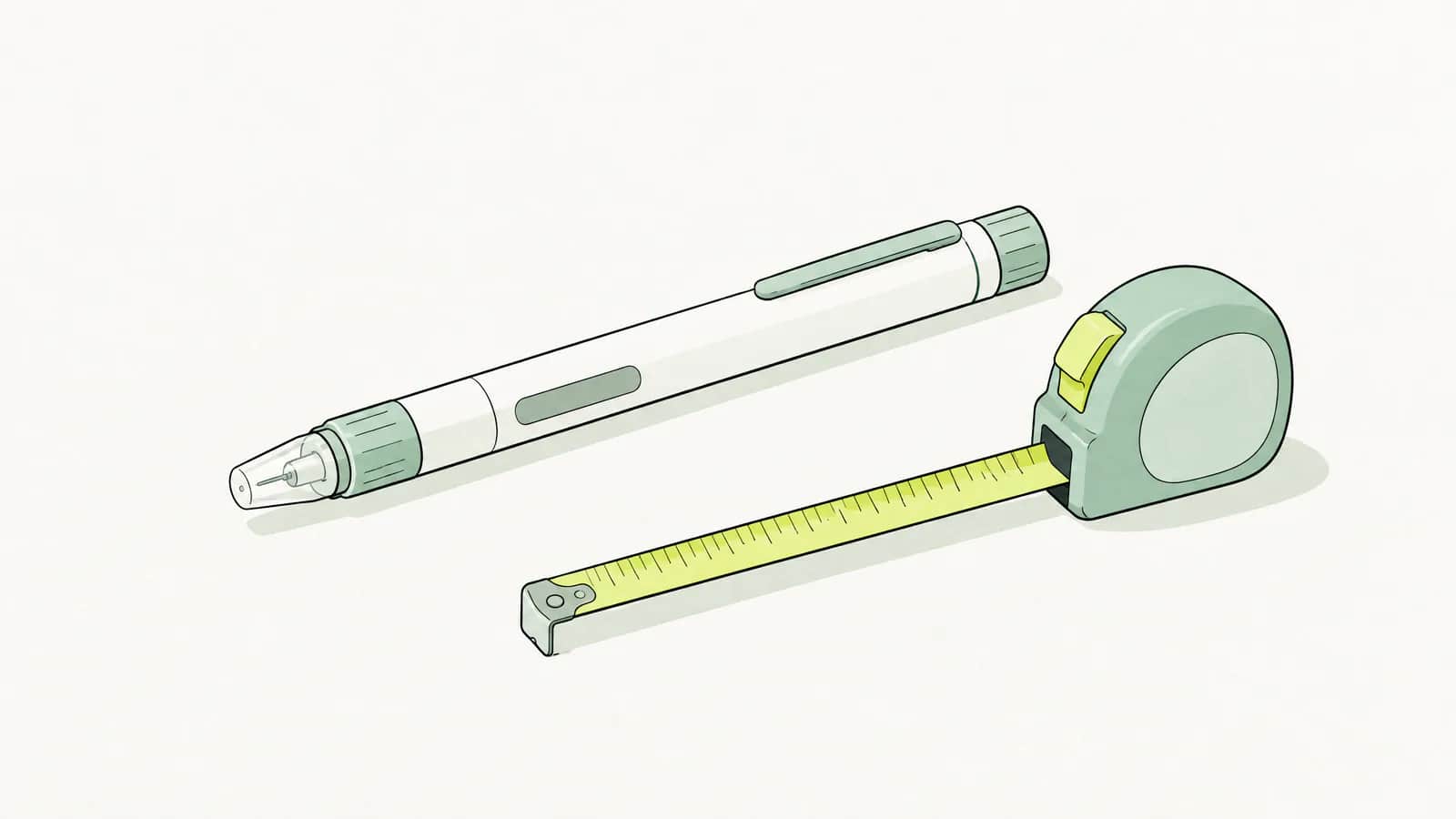 Illustration: schlanker Injektionspen neben einem Massband auf einem Tisch