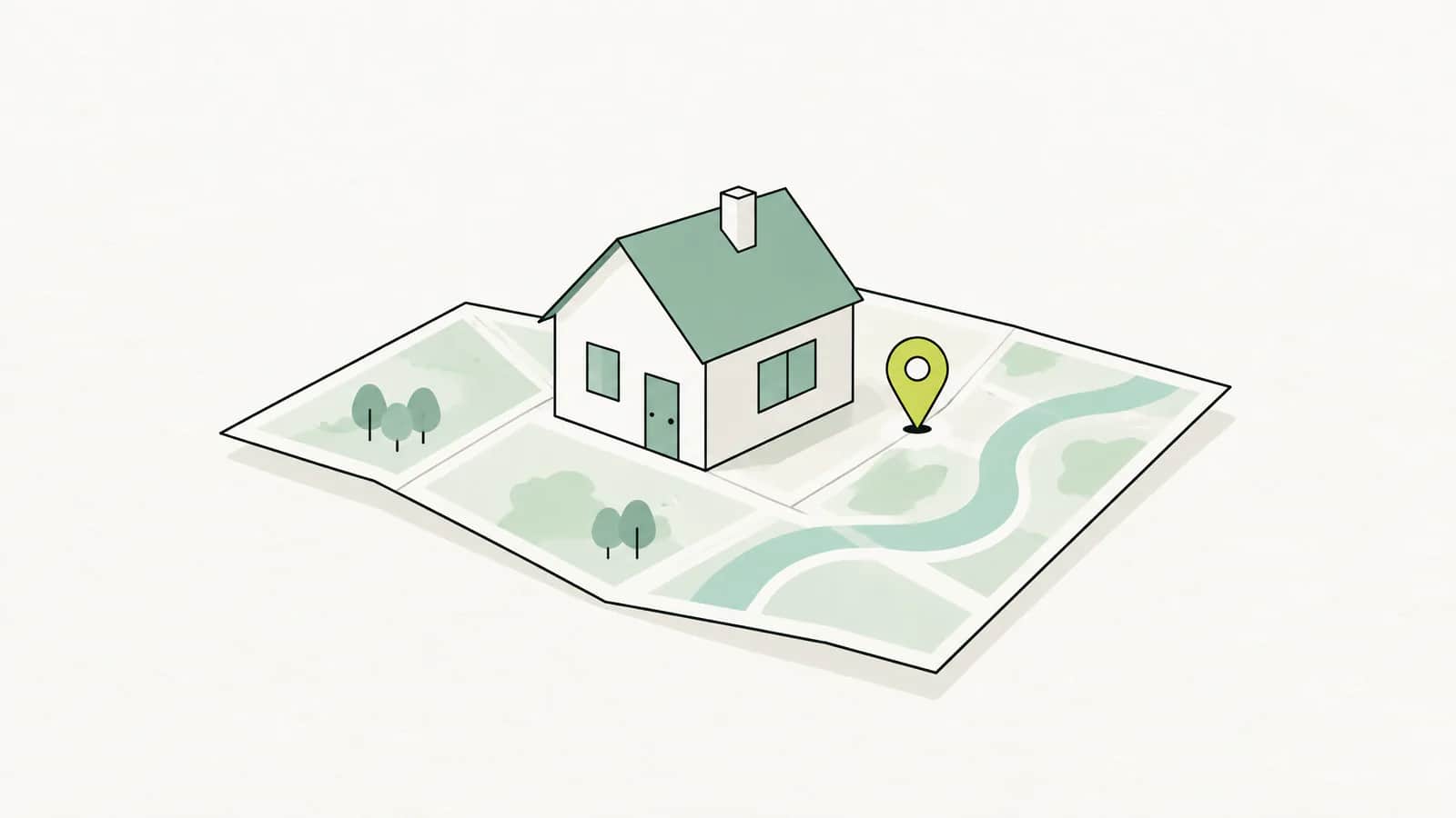 Illustration: Kleines Hausmodell auf einer Landkarte, daneben steckt eine Stecknadel