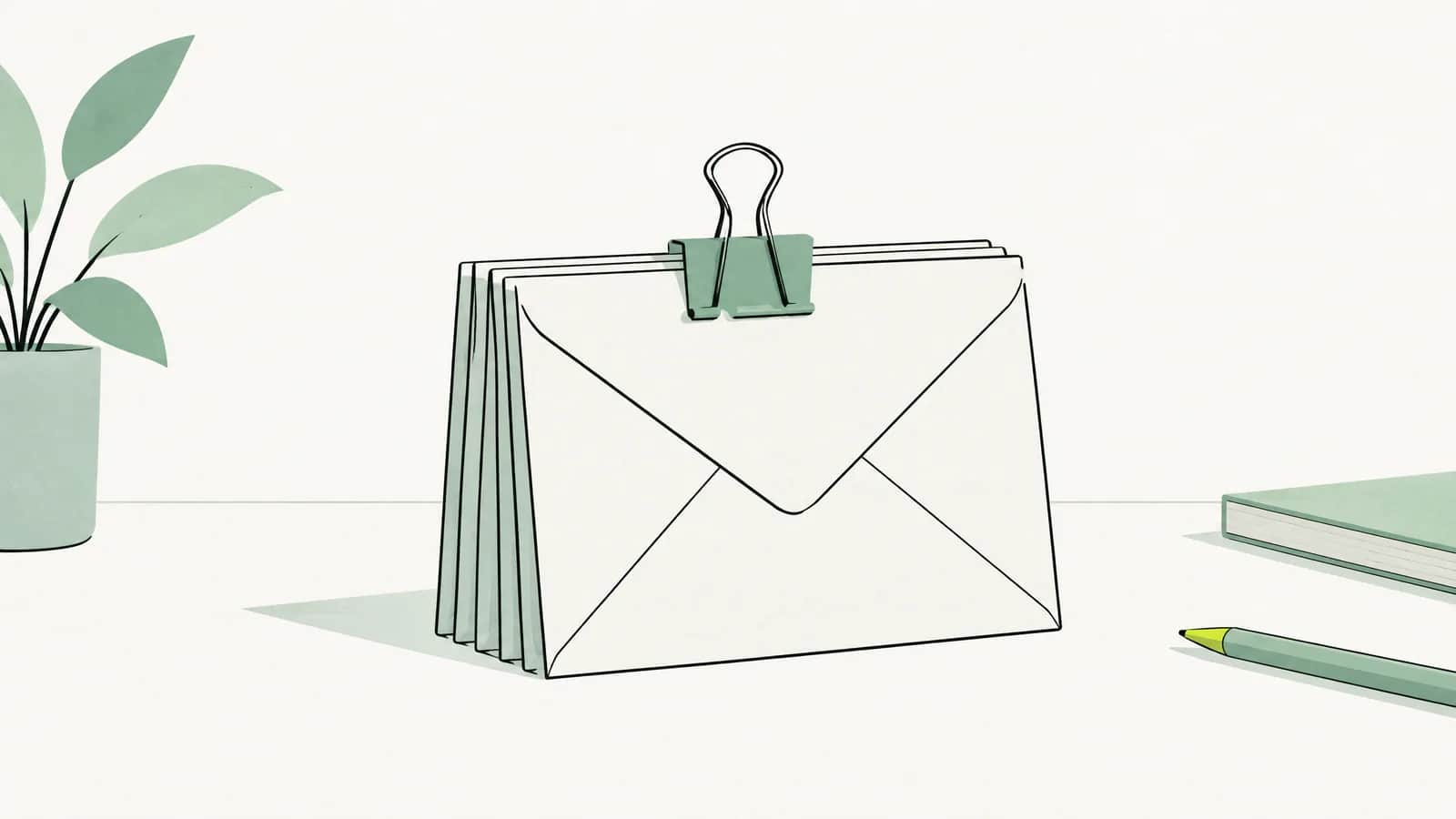 Illustration: Stapel ungeöffneter Briefumschläge, von einer Klammer zusammengehalten, auf einem Schreibtisch