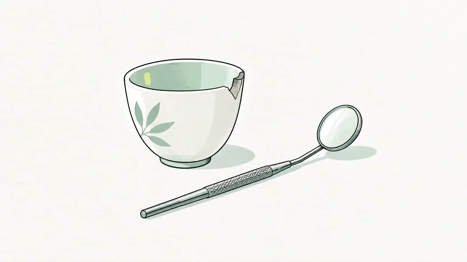 Illustration: kleine Porzellantasse mit abgeschlagenem Rand neben einem Zahnarztspiegel