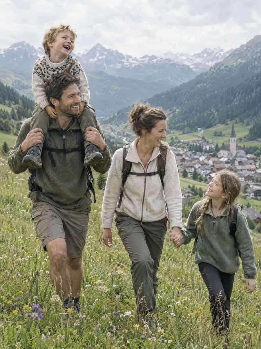 Eine Familie wandert über eine Bergwiese, der Vater trägt den kleinen Sohn auf den Schultern.