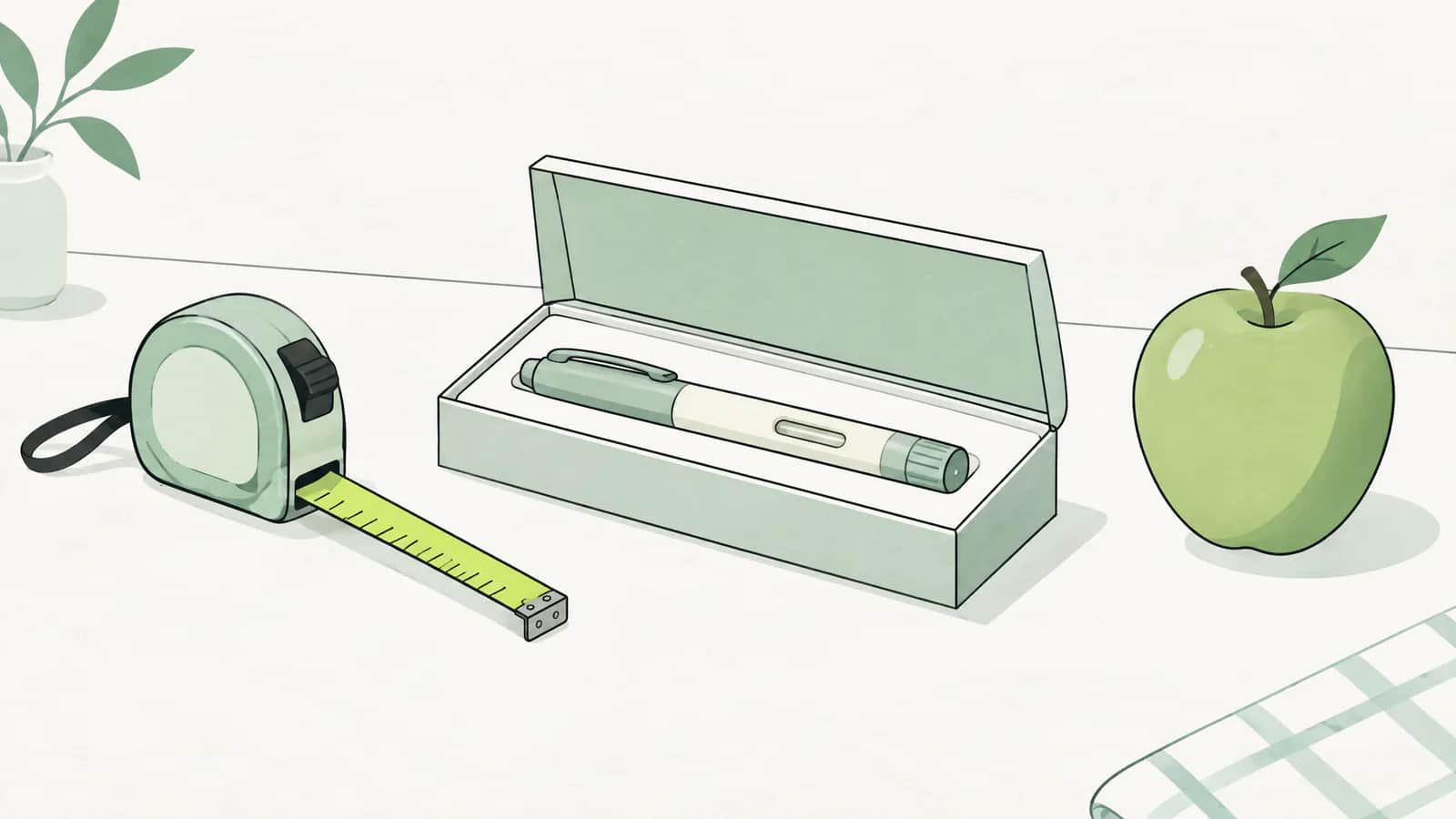 Illustration: Injektionspen in seiner Schachtel neben einem Massband und einem Apfel auf einem Küchentisch