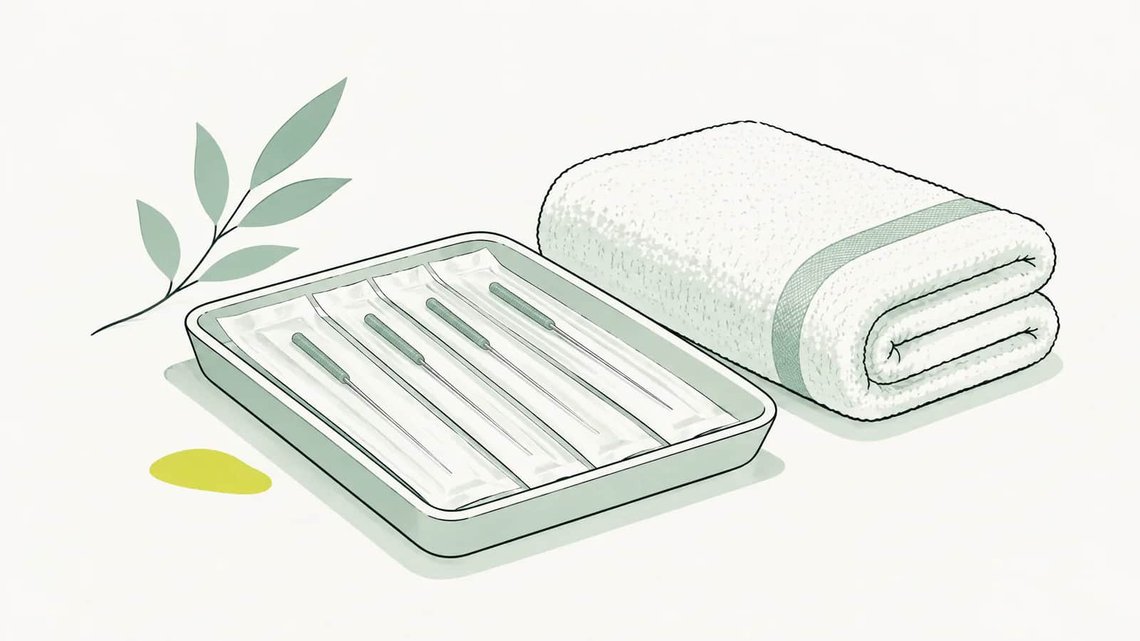 Illustration: Tablett mit steril verpackten Akupunkturnadeln neben einem gefalteten Handtuch