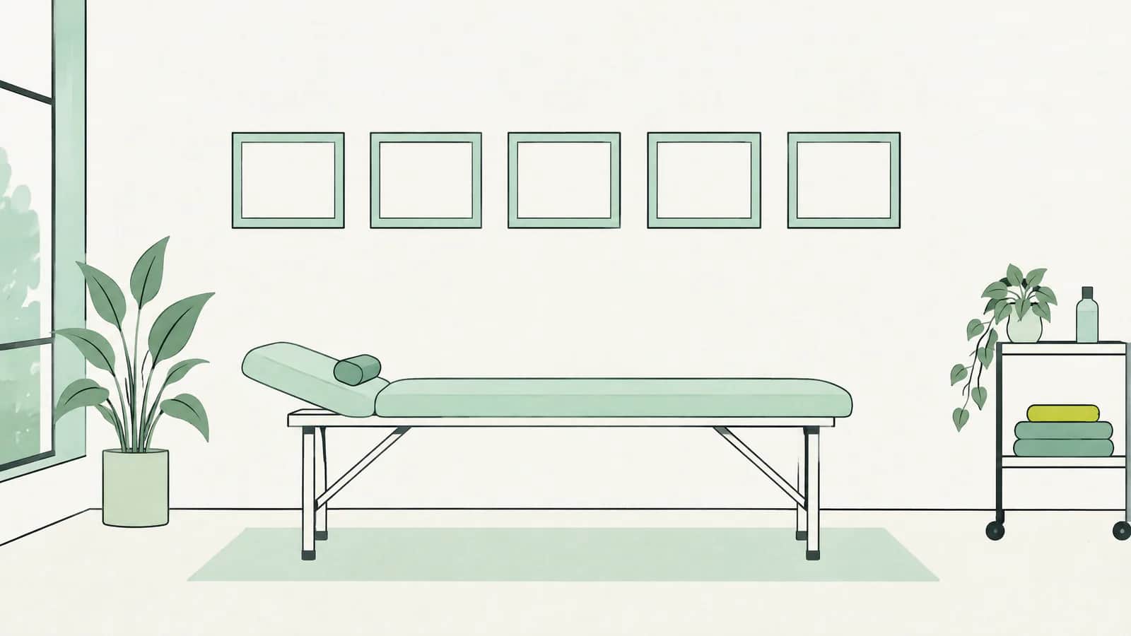 Illustration: Reihe kleiner leerer Zertifikatsrahmen an einer Praxiswand über einer Behandlungsliege