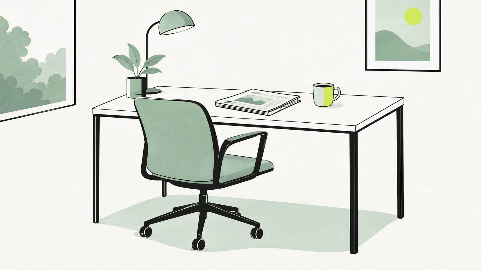 Illustration: Leerer Bürostuhl unter einem Schreibtisch, darauf eine gefaltete Zeitung und eine Kaffeetasse