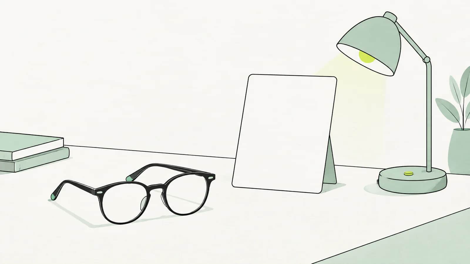 Illustration: Beiseitegelegte Brille auf einem Schreibtisch neben einer leeren Sehtafel-Karte und einer kleinen Tischlampe